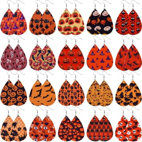 2021 New Vegan Leather Teardrop Halloween Earrings for Women Fashion Bat Pumpkin Lantern Print Earring All Hallows Day Jewelry