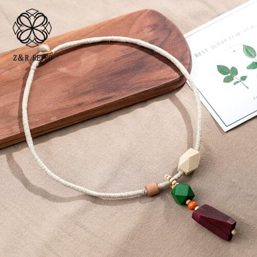 Braided Sweater Rope Chain Colored Wooden Beads Vintage Jewelry For Women Statement Pendants Suspension Necklace 2021 Wholesale
