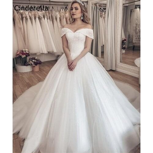 Cinderella Hand Made V-Neck Off The Shoulder A-Line Soft Tulle Crystal Beading Royal Train Wedding Dresses vestido de noiva