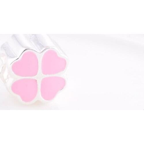 Fits Pandora Charms Bracelet Necklace New Original Sterling Silver 925 Lucky Clover Pink Enamel Charm Beads DIY Jewelry Making