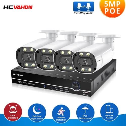 Full color night 5MP NVR Kit 4CH POE Camera System Human/Face Detection Two-way Audio Ai IP Camera Outdoor Security Camera