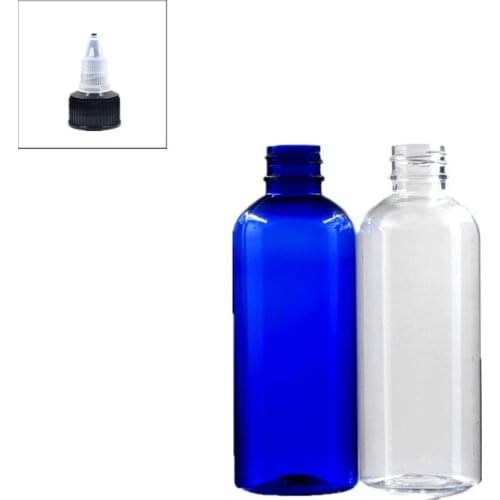 100ml empty Plastic Bottles, clear/blue pet bottle with black twist top caps pointed mouth top 5pc
