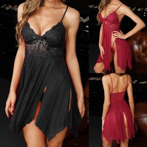 Sexy Nightwear Womens Lace Solid Bow Perspective Nightdress Lingerie Nightwear Robes G-string Chemise De Nuit Femme Plus Size