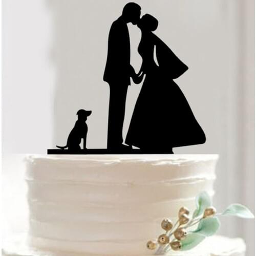 Wedding Cake Topper Silhouette Kissing Bride & Groom Cake Topper with Lovely Dog Acrylic Cake Topper Accessories