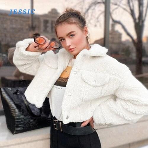 JESSIC Fashion Lamb Wool Autumn Winter Coat Women Jacket Fleece Shaggy Warm Cropped Jackets Overcoat Single Breasted Outwear