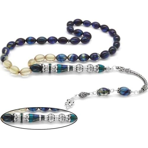 Tesbihane 925 Sterling Silver Tassels Silver Double Balconied Nakkaş İmameli Cottage Blue Fire Amber Prayer Beads