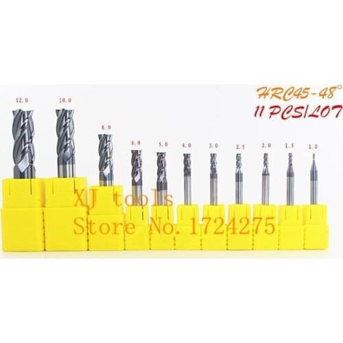 11pcs/set 1.0 - 12mm Four Flutes Solid Carbide End Mill TiN Coating, CNC Miling Cutter Bits For Steel Milling