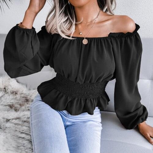 Womens Blouses Autumn Solid Color Shrinkage Ruffles Slash Neck Blouse Woman Long Sleeve Slim Shirt Spring Blusas Femme Y2k Tops