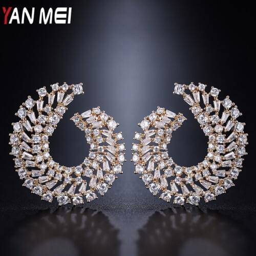 YANMEI Luxury Rhinestone Stud Earrings For Women Wheel Shape CZ Wedding Accessories Boucle D'oreille Fashion Jewelry YME9046