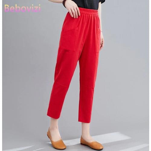 Summer Autumn Red Black Thin Cotton and Linen Fashion Loose pocket Harem Pants Elastic Band Cropped Pants for Women