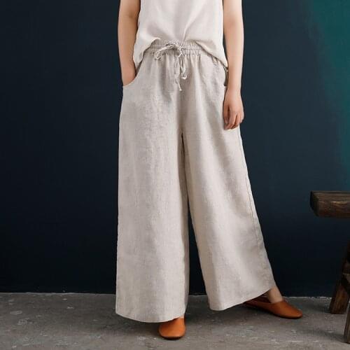 Johnature Women Vintage Long Pants Linen Elastic Waist Wide Leg Casual Pants 2021 Summer New Solid Color Female Pants