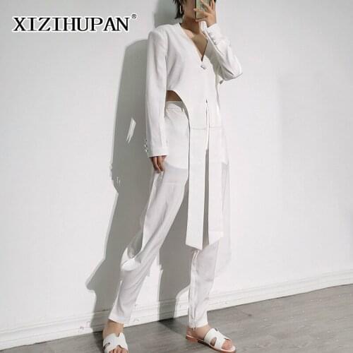 XIZIHUPAN White Irregular Two Piece Set For Women V Neck Long Sleeve Top High Waist Full Length Harem Pants Casual Sets Females
