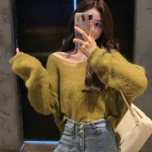 Women Solid Color Mohair Knitted Sweater V Neck Sweet Sweater Autumn Winter Pullover Loose Long-sleeve Sweaters