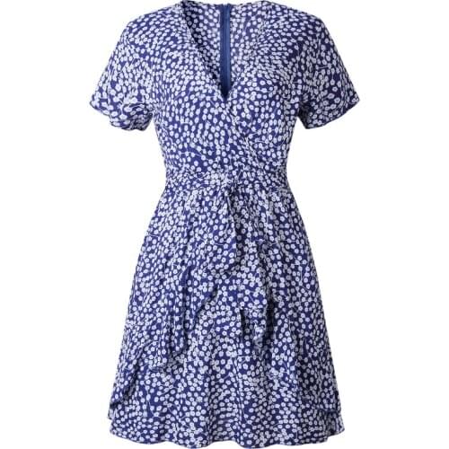 Beach Style Summer Printed Polka Dot Dress Sexy V-neck Ruffle Zip Lace-up Short Dresses Bohemian Beach Casual Cotton Dress Women