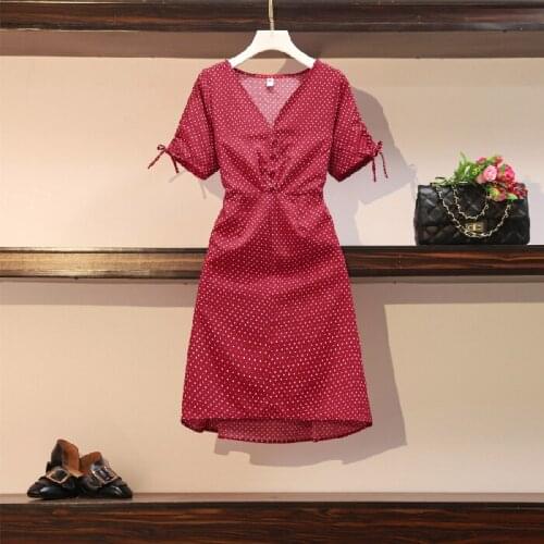 Plus size Elegant dot print women chiffon dress Short sleeve lace up female A-line dress Spring summer ruffle ladies dress