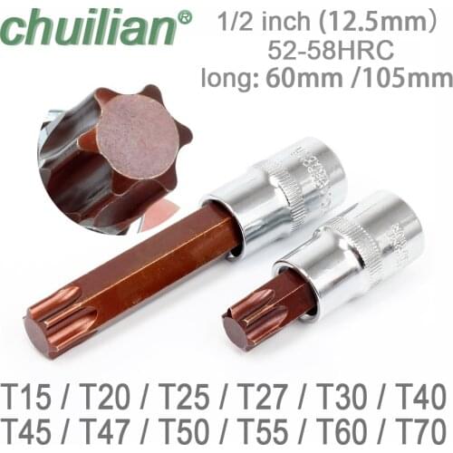 1/2 Inch 12.5mm Plum hex Socket Bit Torx Screwdriver Bit Tools T15 T20 T25 T27 T30 T40 T45 T47 T50 T60 T70 long 60mm 100mm