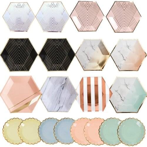 18cm Rose Gold Pink Party Disposable Tableware Stripe Party Plate Birthday wedding Decor Kids Party Supplies Paper Plate