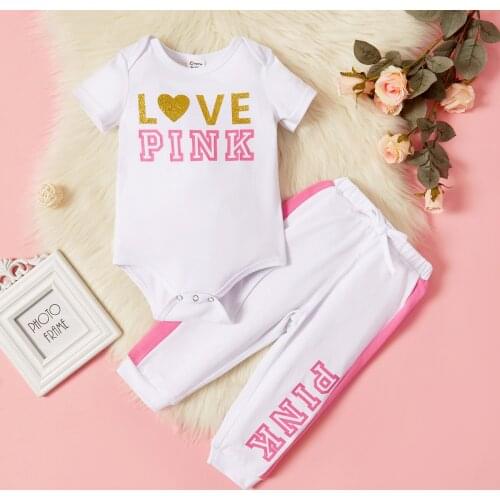 PatPat 2pcs Baby Girl Short-sleeve Cotton casual Letter Babys Sets