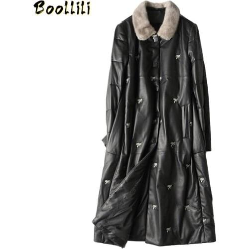 Boollili 2020 Womens Real Leather Jacket Autumn Winter Sheepskin Coat Genuine Leather Down Jacket Women Mink Fur Collar