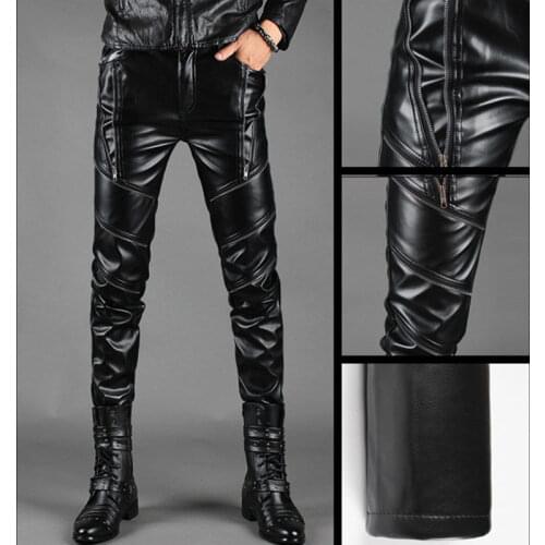 New Autumn Winter Mens Pants Fake Leather Trousers Causal Pencil Slim PU Pant Waterproof Moto&biker Trouser Haircutter pant