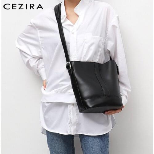 CEZIRA Solid Color PU Leather Crossbody Bag For Women Designer Handbags Female Vegan Leather Bucket Daily Messenger Shoulder Bag