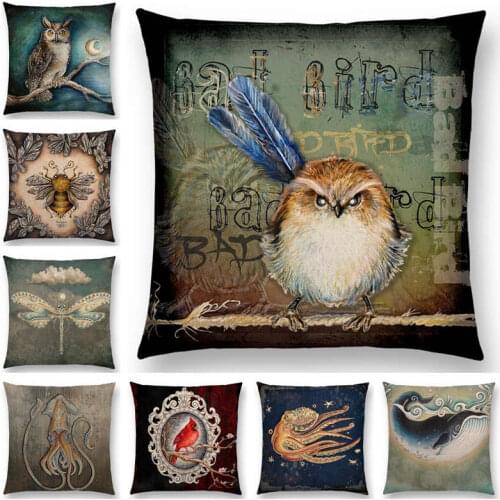 Classic Retro Magical Animals Sofa Throw Pillow Case Blue Whale Owl Bat Bee Octopus Vintage Cushion Cover