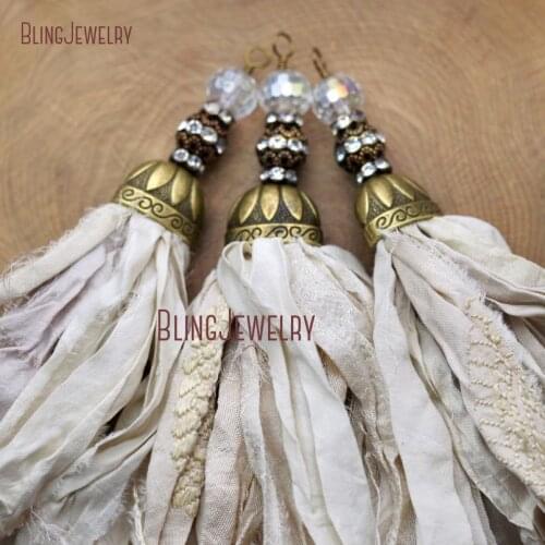 Ivory Sari Silk Tassel Pendant Antique Bronze Cap and Big Crystal Ball PM8971