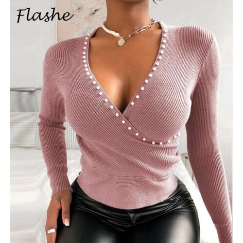 Spring Autumn Sexy Women Solid Color Women T-Shirts Wrap V-Neck Rib Beading Patchwork Long Sleeve Shirt Women Slim Ladies Tops
