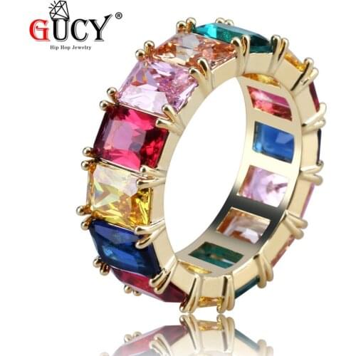 GUCY Hip Hop Colorful Cubic Zircon Ring Micro Pave Multi color CZ Stones Classic Mens Punk Style Jewelry For Gift