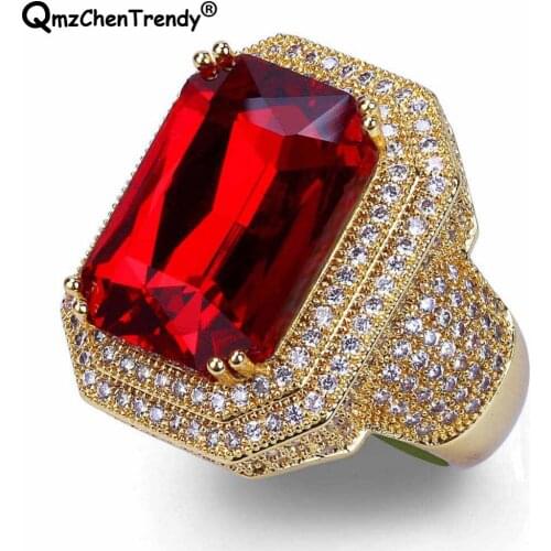 Hip Hop Iced Out Bling CZ Mens Ring Street Dance Popular Hiphop DJ NightClub Big Red Stone Finger Rings Punk Accessories