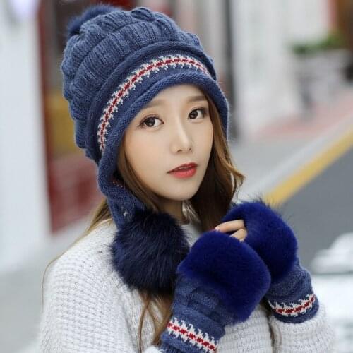 Korean Cute Fur Ball Girls Winter Hat Gloves Women Thicked Ear Protection Warm Black White Blue Pink Red Cycling Cap 2PCS Set