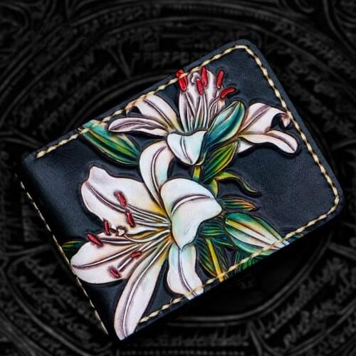 Hand-made Carved Flowers Short Wallets Purses Women Men Clutch Vegetable Tanned Leather Thin Drivers License Wallet Card Holder