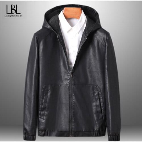 Mens Fashion Casual PU Leather Jackets Motorcycle Man Black Hooded Jackets Outwear Zipper Male Faux Leather Jacket Autumn Winter
