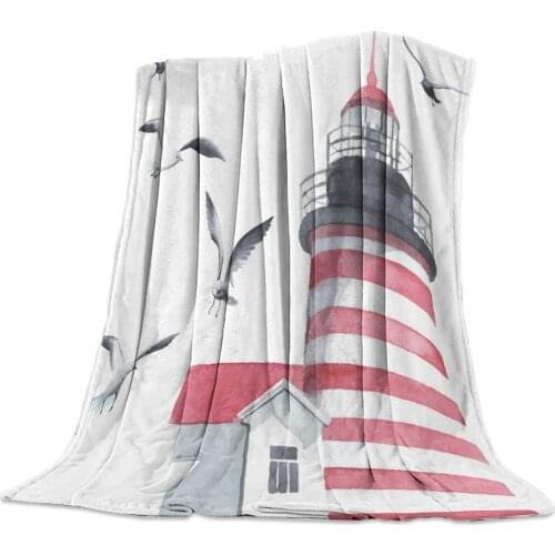 Lighthouse Seagull Watercolor Art Throw Blanket Portable Soft Sofa Blanket Warm Microfiber Flannel Blankets for Beds