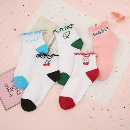 Fashion lace ruffled soft cotton womens socks top quality solid color fruit cute socks sweet princess girl cute pleated socks