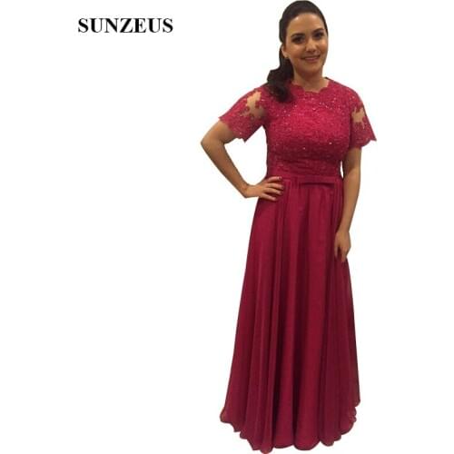 Short Sleeves Mother Of Bride Dress Long Fuchsia Chiffon Party Gowns For Women Elegant Appliques Wedding Guest Dress CM209