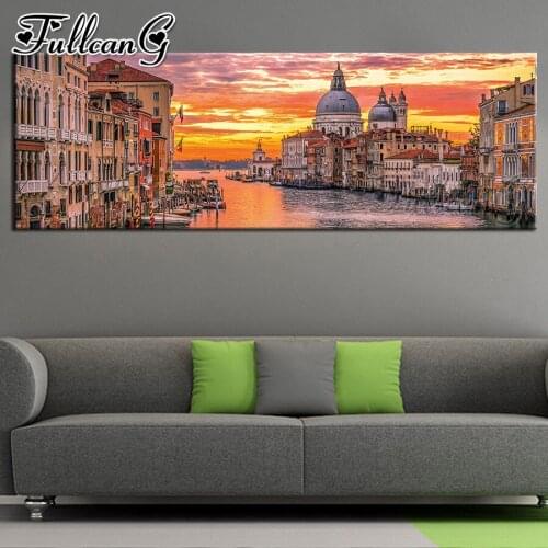 FULLCANG 5d diy full drill square/round diamond painting castle & sea sunset scenery large embroidery mosaic wall decor FC1762