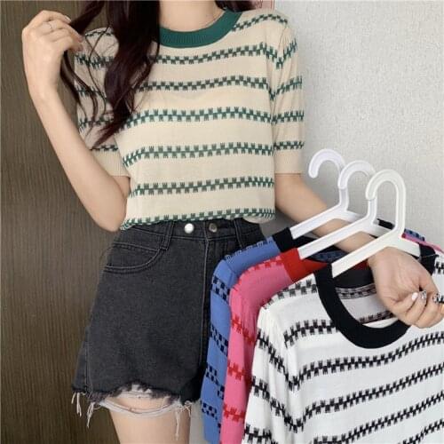 LJSXLS New Loose Striped O-Neck Knitted Sweaters Womens Casual Short Sleeve Tops Femme Summer Green Pullovers Clothes Women
