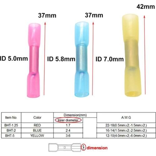 50PCS BHT0.5 BHT1.25 BHT2 BHT5 Heat Shrink Butt Crimp Terminal Red Blue Yellow Waterproof Insulated Wire Connector