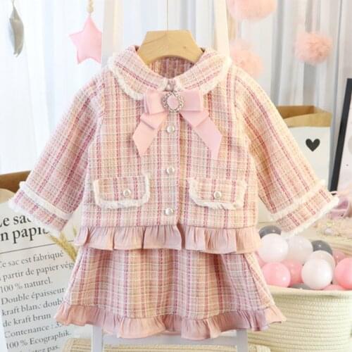 Spring French Knitted suits Girl pink Plaid Coat Skirt Two Piece Baby Girl Girls Kids Children Set Channel Autumn Clothing Sets