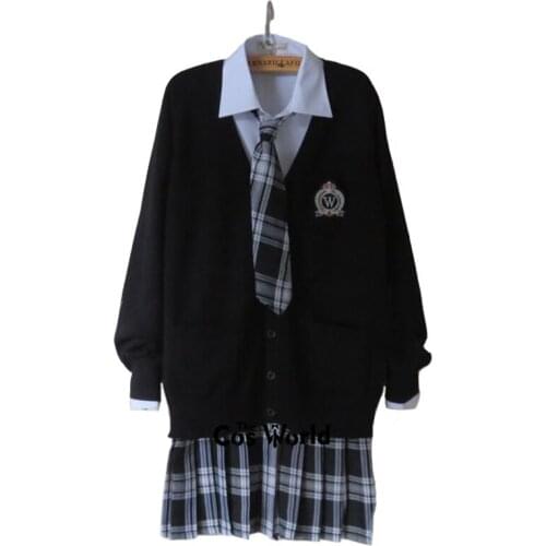 Preppy Style Student Class Uniform Japan JK High School Uniform Winter Black V-Neck Cardigan Black White Pleated Skirt Suits