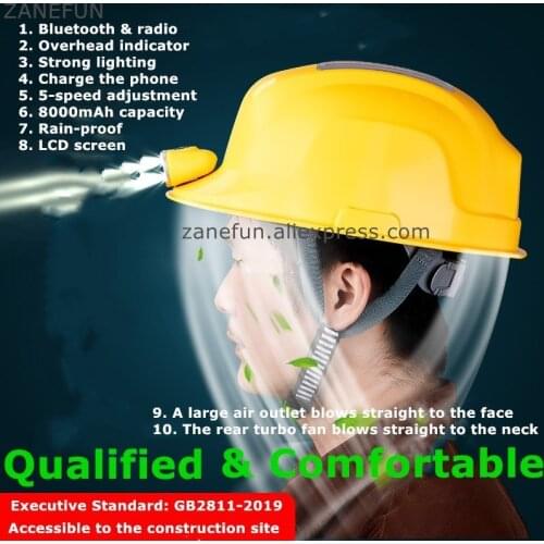 Solar Fan Helmet With Bluetooth FM LED Light 8000mAh Li Battery Outdoor Work Rain-Proof Safety Hat with Dual Fans