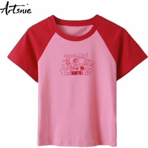 Artsnie streetwear casual t shirt women summer o neck short sleeve crop tops femme cartoon pink patchwork cropped t-shirt mujer