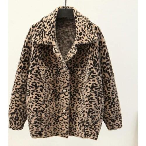 2021 Imitation Mink Fleece Autumn Winter Jacket Women Loose Large Size Leopard Print Coat Female Fashion Single-Breasted Outwear