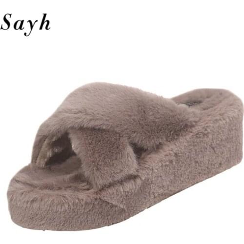 Winter Wedge Slippers Women Warm Faux Fur Mules Wedge Heels Open Toe Casual Shoes Outdoor Cotton Shoes Size