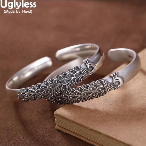 Uglyless Thai Silver Vintage Handmade Peacock Bangles for Women Real 999 Full Silver Animals Phoenix Open Bangles Ethnic Jewelry