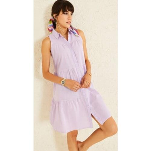 2021 Women Lilac Cotton Shirt Collar Zero Sleeve Short Casual Summer Dress Moda Traf