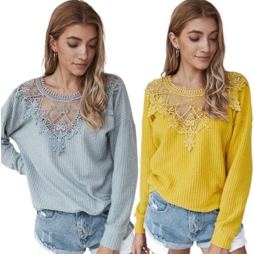 Women Fashion Stitching Lace Sexy Classic Sweater Casual Long Sleeve Pullover Tunic Tops Round Neck Streetwear