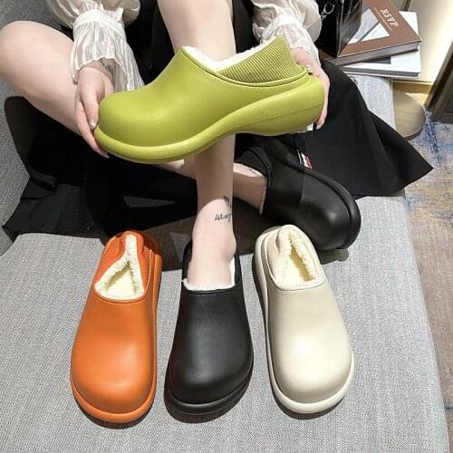 Winter Warm Slippers Women 6cm High Heels Waterproof Pu Leather Non-slip Plush Shoes Thick Soled Home Outdoor Ladies Fur Slides