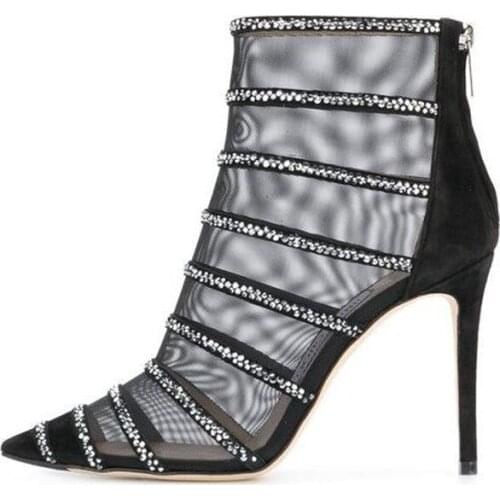 2018 Bling Bling Crystal Decor Leather Transparent Boots Sexy Beading Strappie Back Zip Stiletto Boots Pointed Toe Heels Shoe